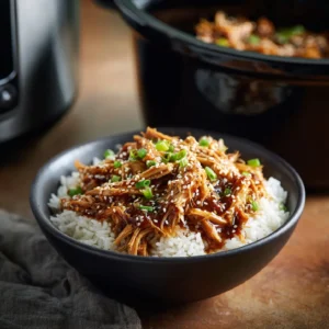 Overhead view of Crockpot Teriyaki Chicken served with rice in a black slow cooker