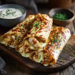 Overhead shot of chicken wraps with garlic and cheese on a rustic plate