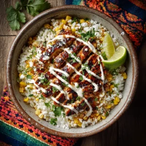 Street Corn Chicken Rice Recipe 2 Street corn rice bowl with grilled chicken, cilantro, cheese, and lime in a rustic bowl