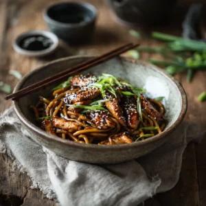Sticky garlic chicken noodles in a rustic bowl with sesame and scallions