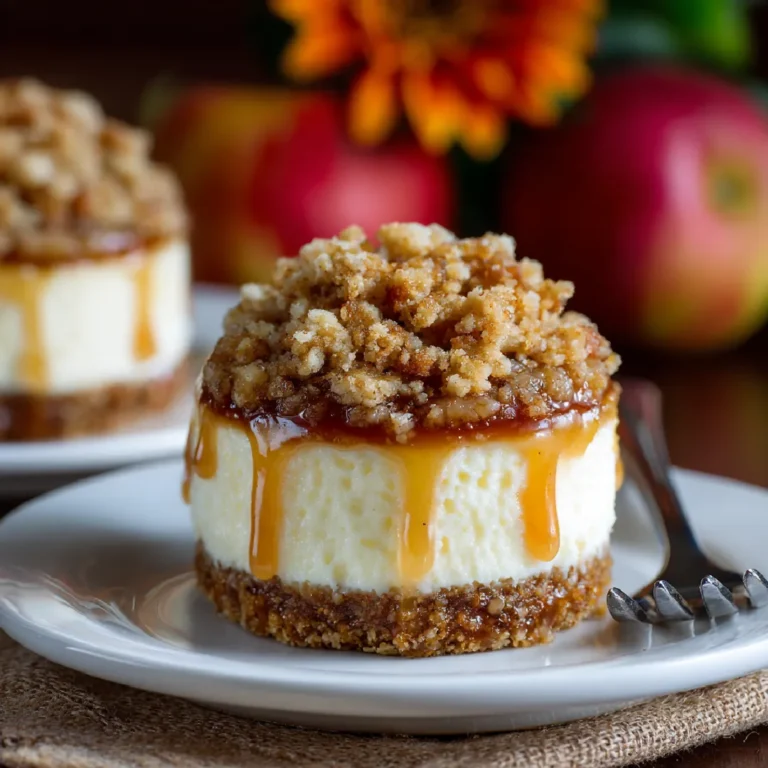 Apple Crisp Mini Cheesecakes: A Perfect Fall Dessert 3 Detailed view of a creamy mini cheesecake with apple filling and crisp topping