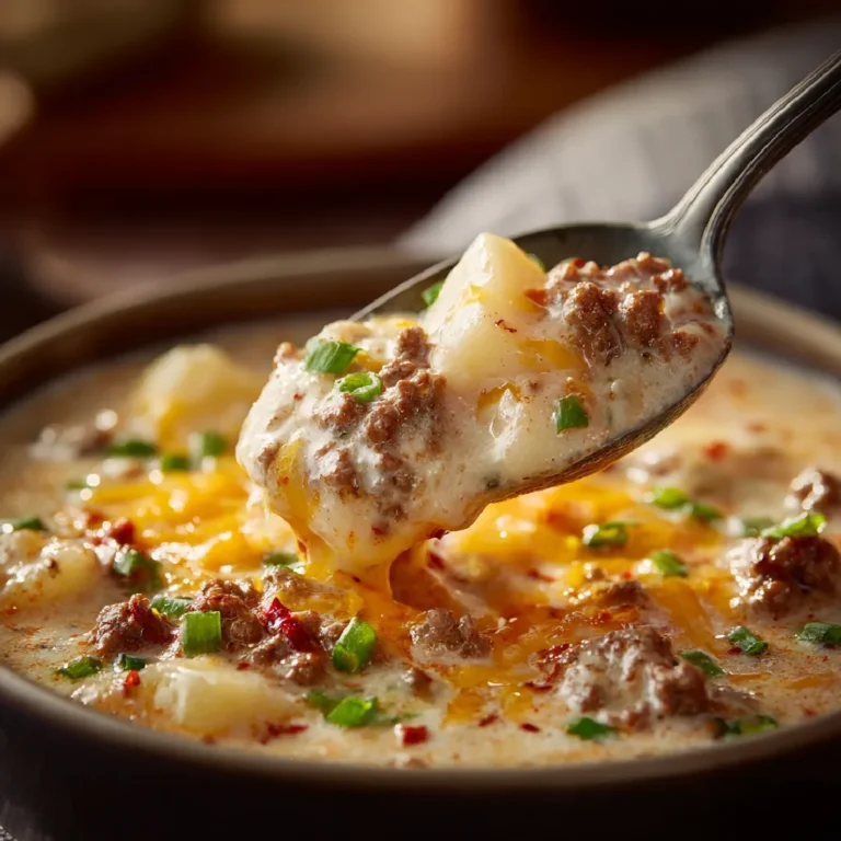 Crockpot Cheeseburger Soup Recipe: A Cozy Classic for Busy Nights 3 Close-up of cheesy slow cooker soup with beef and potatoes