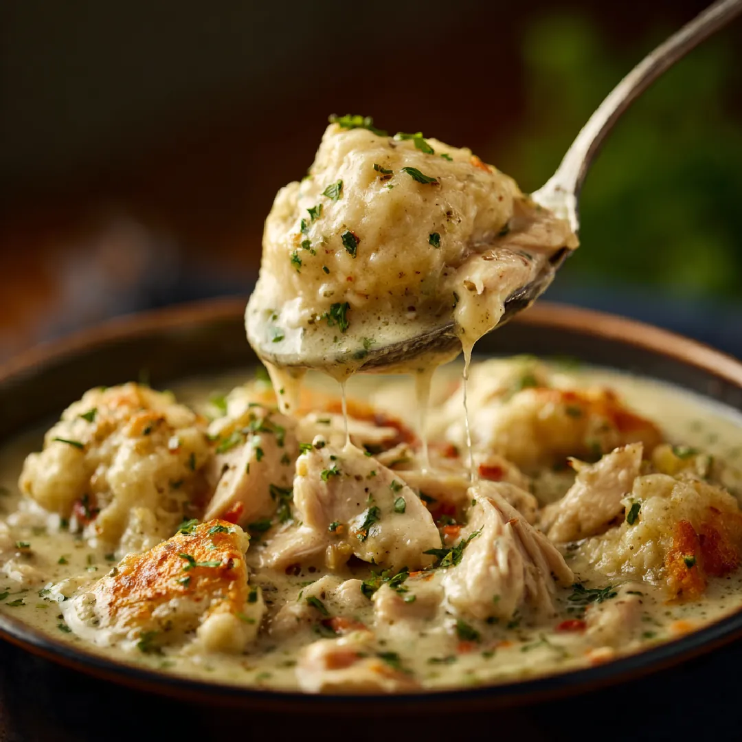 Warm chicken and dumplings spooned from a rustic bowl