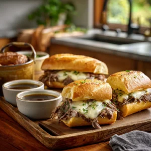 Slow cooker French dip sandwiches with melted cheese and au jus