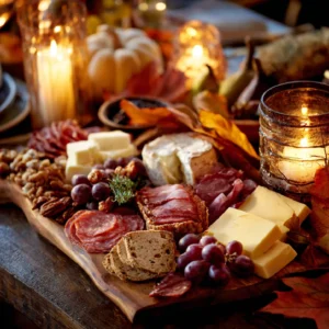 Thanksgiving charcuterie board with meats, cheeses, and fruits