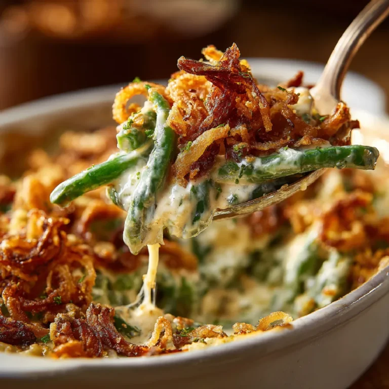 Green Bean Casserole: A Thanksgiving Classic Made Easy 3 Creamy green bean casserole being served with a spoon, showing rich texture