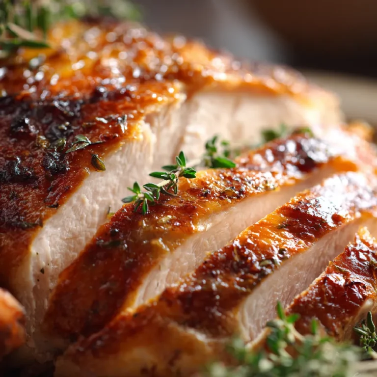 Thanksgiving Roast Turkey: A Classic Holiday Centerpiece 3 Close-up of juicy sliced turkey breast with crispy golden skin and herbs