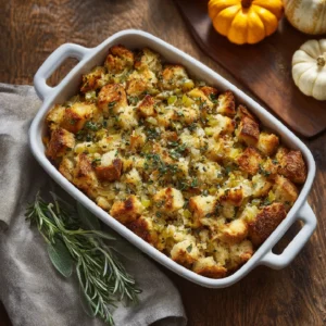 Thanksgiving stuffing recipe in a rustic baking dish