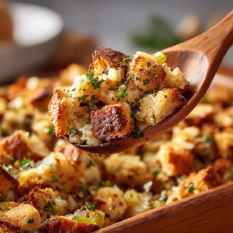 Thanksgiving Stuffing Recipe: A Classic Dish You’ll Crave 3 Close-up of a spoonful of homemade Thanksgiving stuffing with herbs and vegetables