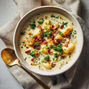 Bacon Cheddar Gnocchi Soup: Creamy Comfort in Every Spoonful 2 Bacon Cheddar Gnocchi Soup in rustic bowl with bacon and cheese