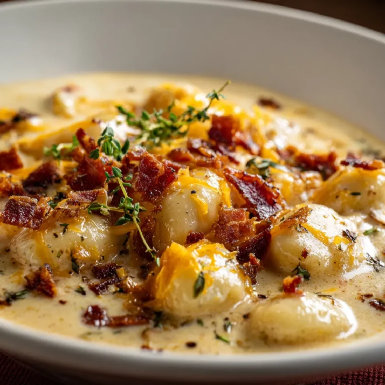Bacon Cheddar Gnocchi Soup: Creamy Comfort in Every Spoonful 3 Macro shot of creamy cheddar gnocchi soup with crispy bacon