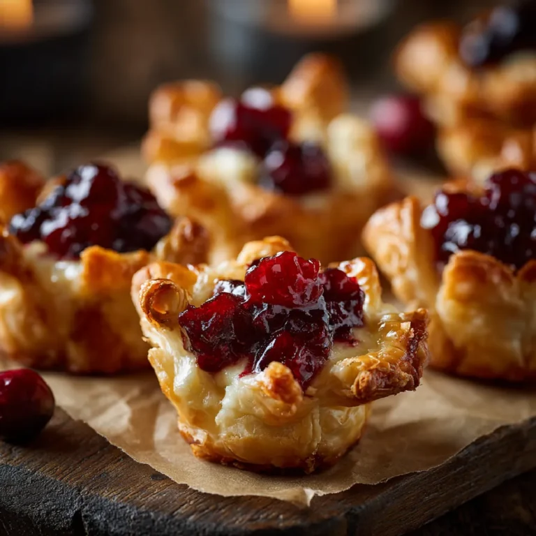 Baked Cranberry Brie Bites: The Perfect Holiday Appetizer 3 Golden crescent roll brie bites with cranberry sauce displayed on a tray