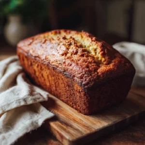 Banana bread loaf cooling on table