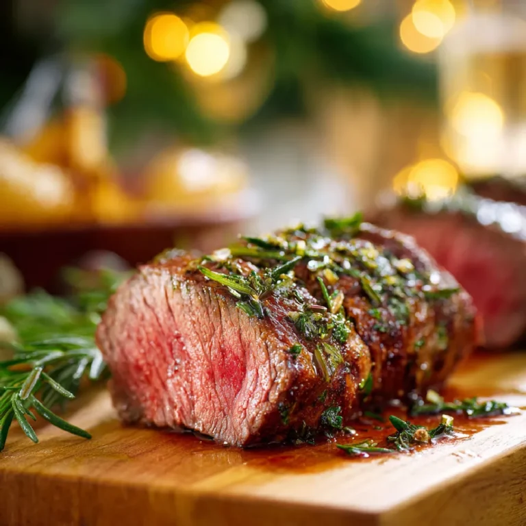 Detailed view of medium-rare beef tenderloin with rosemar