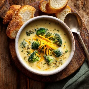 Broccoli Cheddar Soup: Creamy Comfort in a Bowl 2 Broccoli Cheddar Soup served in a rustic bowl with melted cheese