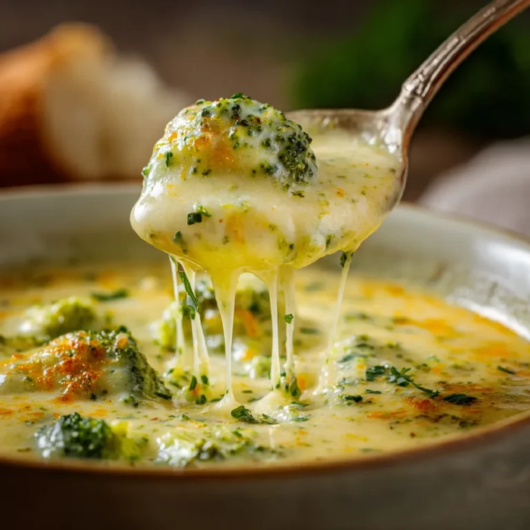 Broccoli Cheddar Soup: Creamy Comfort in a Bowl 3 Zoom-in shot of cheesy broccoli soup with golden swirls and herbs