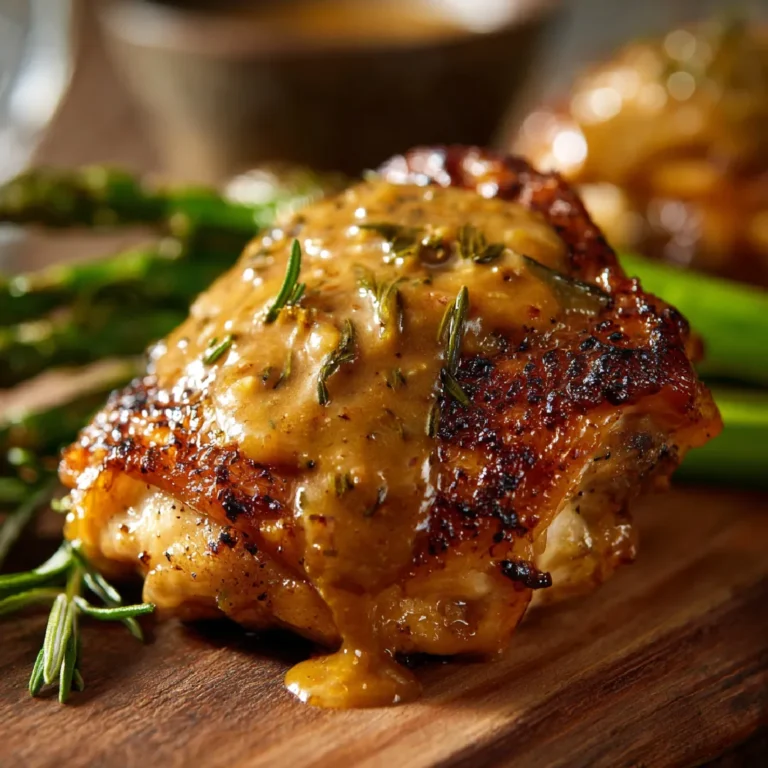 Creamy Brown Sugar Dijon Chicken Thighs: Easy, Flavorful Comfort Dish 3 Golden seared chicken skin with thick creamy Dijon glaze