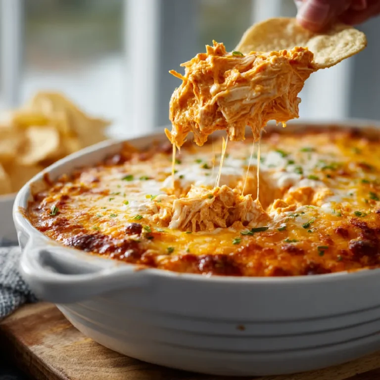 Buffalo Chicken Dip: The Ultimate Game Day Favorite 3 Detailed shot of spicy chicken dip with golden cheese topping