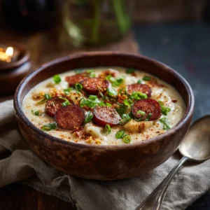 Cajun Potato Soup in a rustic bowl