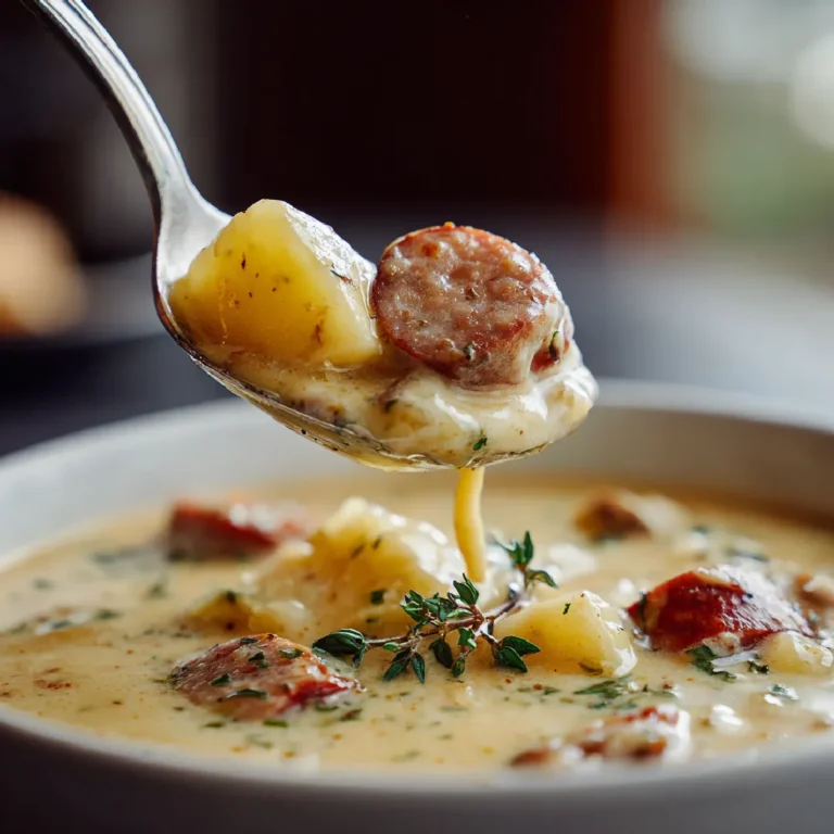 Cajun Potato Soup: A Creamy, Spicy Comfort Food Favorite 3 Detailed view of thick, spicy Cajun potato soup with visible chunks of potato and sausage