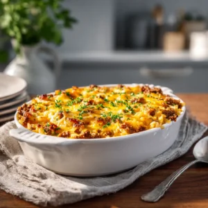 cheesy hamburger rice casserole in white ceramic dish with golden cheese crust