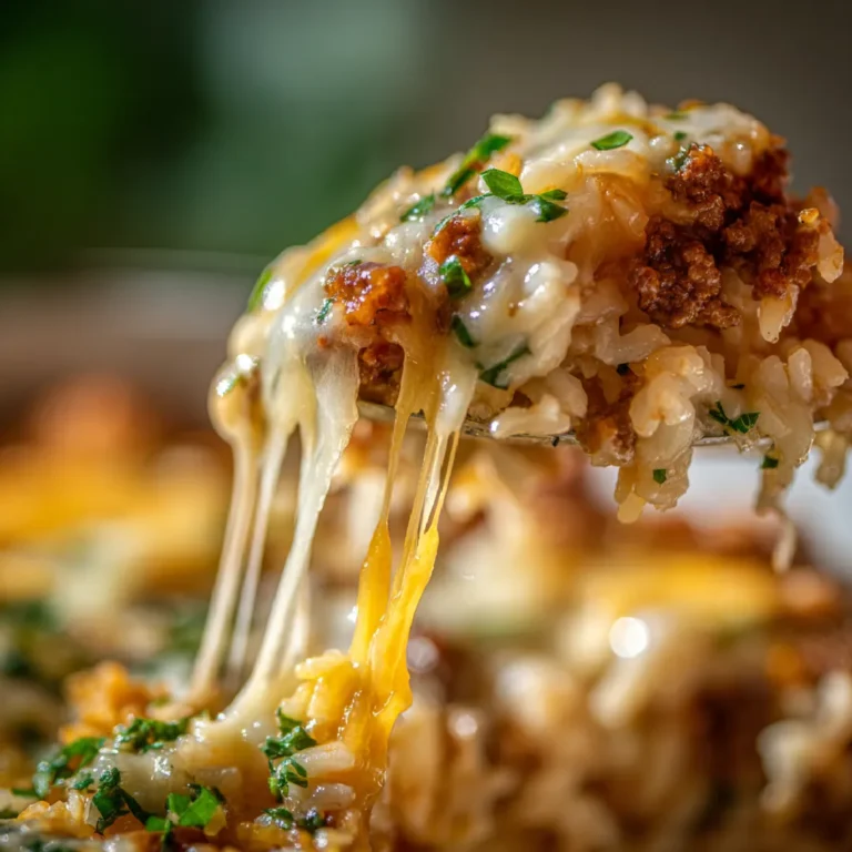 Closeup of creamy ground beef and rice with cheddar cheese