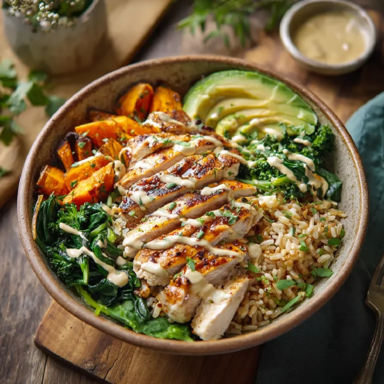 Chicken and Sweet Potato Rice Bowl: A Comforting One-Bowl Dinner 3 Healthy food bowl close-up with sweet potatoes and grilled chicken