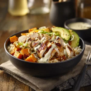 Chicken and Sweet Potato Rice Bowl: A Comforting One-Bowl Dinner 2 Detailed view of a healthy Chicken and Sweet Potato Rice Bowl with tahini drizzle