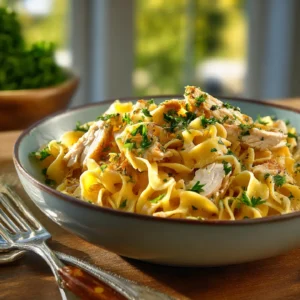 Chicken with Buttered Noodles in a rustic bowl with butter sauce and herbs