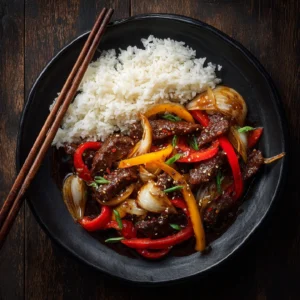 Chinese Pepper Steak with Onions served with rice