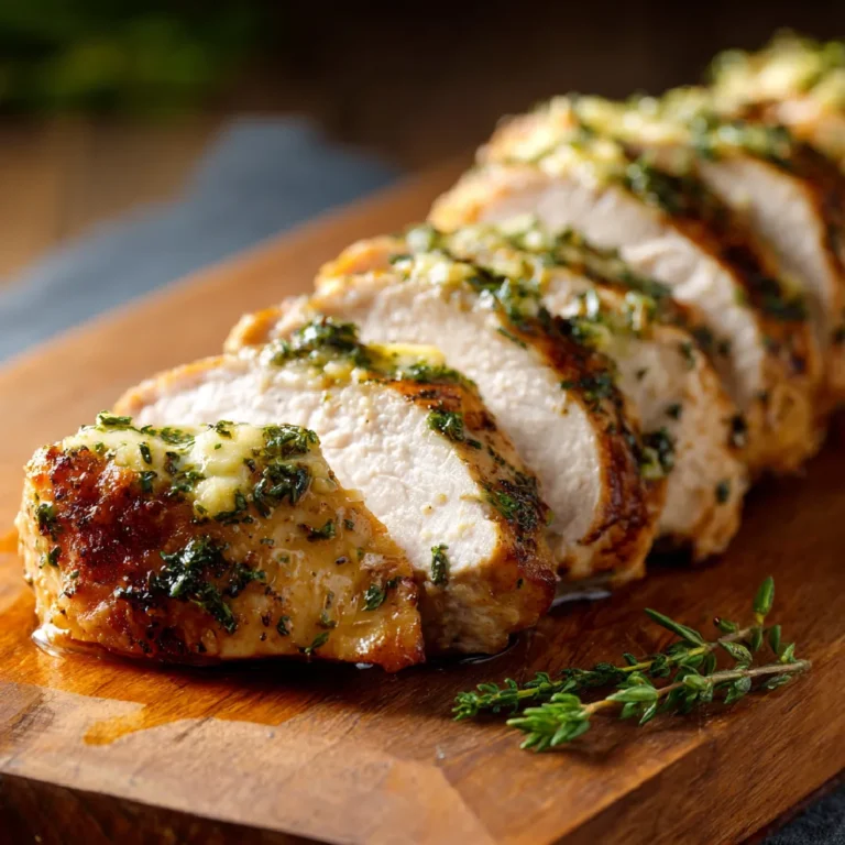 Garlic Butter Turkey Tenderloin: Juicy, Flavor-Packed Dinner Favorite 3 Macro shot of turkey tenderloin with garlic herb crust and melted butter