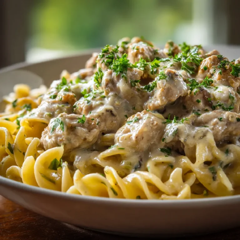 Creamy Turkey Stroganoff: Comfort in Every Bite 3 Detailed shot of creamy ground turkey stroganoff sauce on noodles