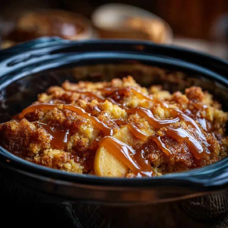 Crockpot Caramel Apple Dump Cake: The Perfect Fall Dessert Made Easy 3 Warm crockpot apple dessert with crumbly cake and soft apples