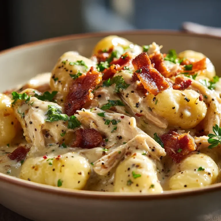 Creamy Crack Chicken Gnocchi: The Ultimate One-Pot Comfort Dish 3 Creamy gnocchi and shredded chicken in sauce with herbs and bacon