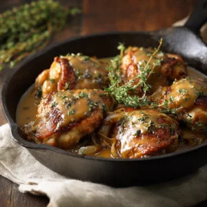 Creamy Brown Sugar Dijon Chicken Thighs plated with sauce, thyme garnish