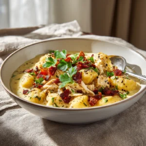 Creamy Crack Chicken Gnocchi in a bowl with bacon and herbs