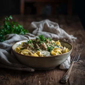 Creamy Turkey Stroganoff: Comfort in Every Bite 2 Turkey stroganoff plated on noodles with parsley garnish