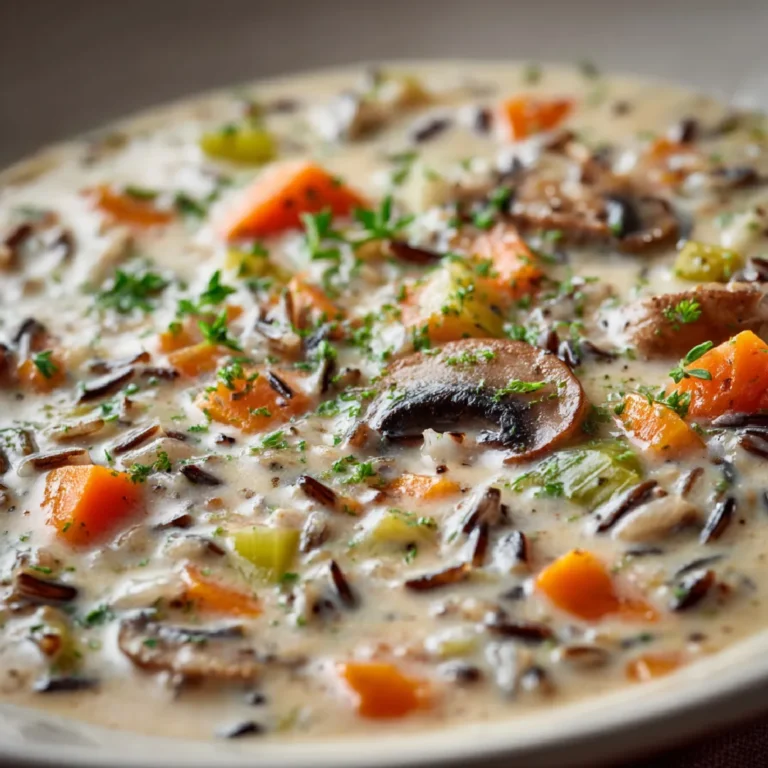 Wild Rice Soup: A Creamy, Cozy Bowl of Comfort 3 Zoomed-in shot of creamy vegetarian wild rice soup with thyme