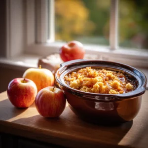 Slow cooker filled with golden caramel apple dump cake topped with caramel drizzle
