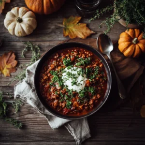 Turkey Pumpkin Chili in a rustic bowl with toppings