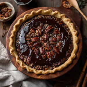 Texas Chocolate Pecan Pie: A Southern Classic You’ll Fall in Love With 2 Top-down look at a rustic Texas chocolate pecan pie in a farmhouse kitchen