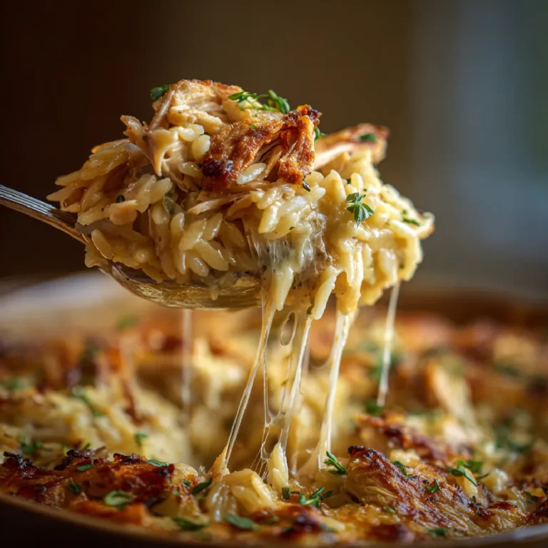 French Onion Chicken Orzo Casserole: A Comforting Weeknight Bake 3 Detail of hot baked chicken and orzo in cheesy onion sauce