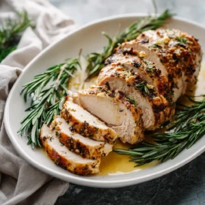 Garlic Butter Turkey Tenderloin served on a white platter