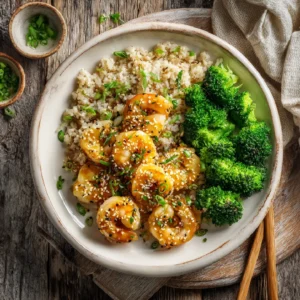 High-protein honey garlic shrimp plated with rice and vegetables