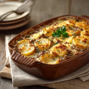 Hobo Casserole baked with golden cheese