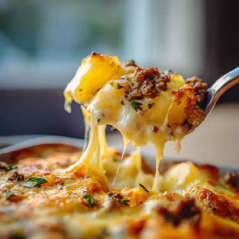 spoonful of beef and potato casserole with melted cheese
