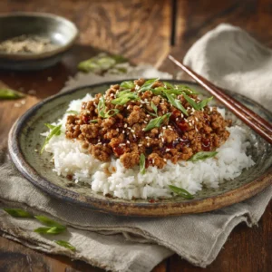 Honey Garlic Ground Turkey Recipe: A Quick and Flavorful Dinner You’ll Crave 2 A bowl of honey garlic ground turkey served over jasmine rice, garnished with sesame seeds and chopped green onions