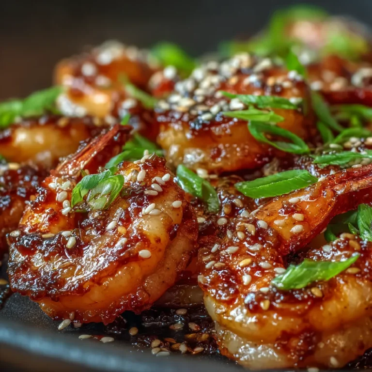 Close-up of glazed honey garlic shrimp with sesame seeds