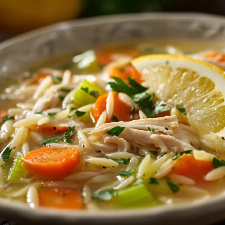 Lemon Chicken Orzo Soup: A Bright, Comforting Bowl You’ll Crave 3 Close-up of lemon chicken orzo soup with detailed textures of pasta, chicken, and veggies