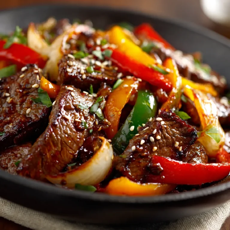 Chinese Pepper Steak with Onions: A Flavorful Weeknight Dinner 3 Close shot of Chinese pepper steak with sesame and green onion garnish